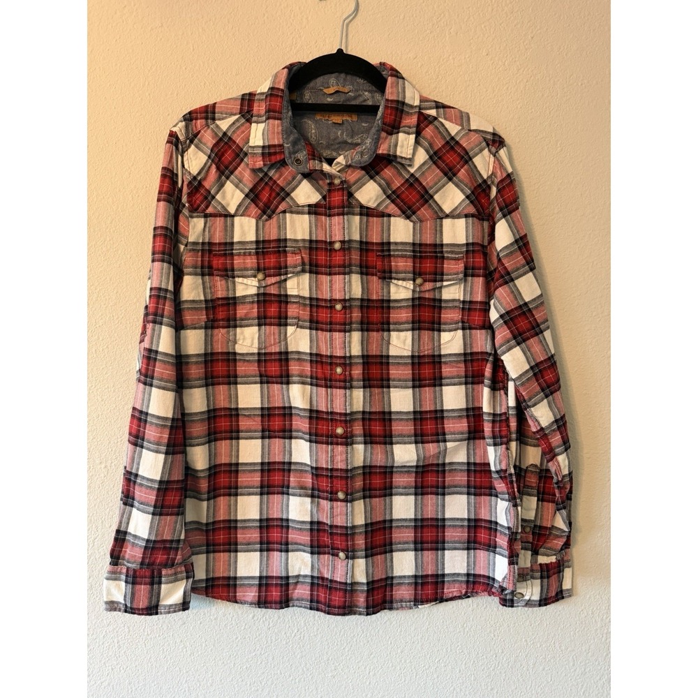 Jachs Girlfriend Shirt Womens Medium Red Bea Plaid Pearl Snap Country Western